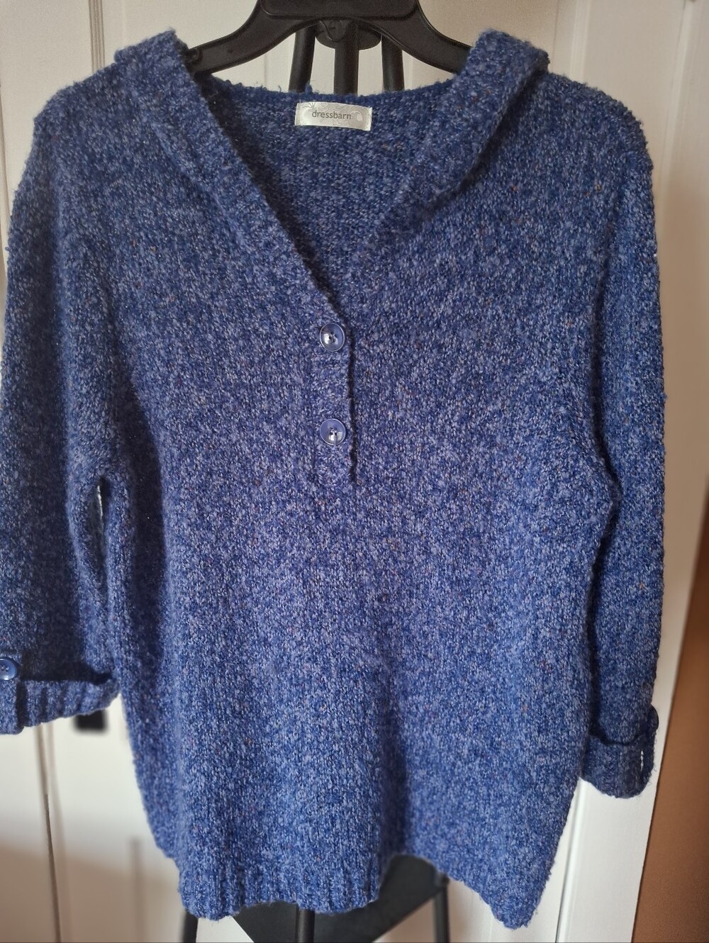 Dressbarn Blue Textured V-Neck Button Hooded Pullover XL
